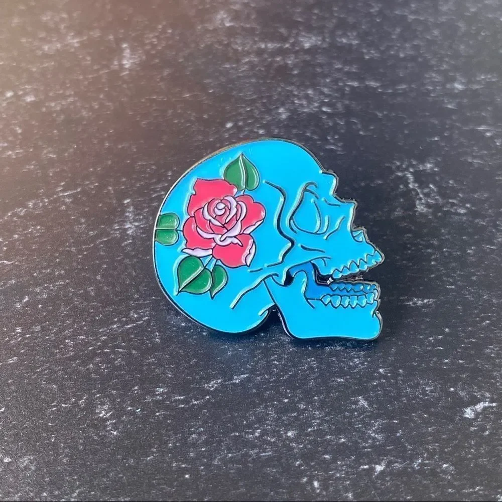 Rose & Blue Calavera Enamel Pin/ Brooch